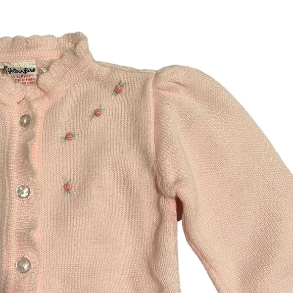Vintage Little Girls Pink Cardigan Rose Detail Ruffle MOP Buttons Adorab… - Picture 5 of 10